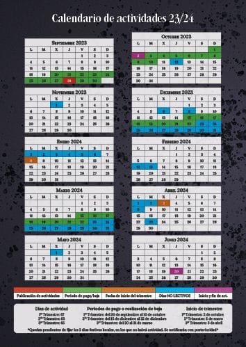 Fechas de actividad para el curso 2023/24