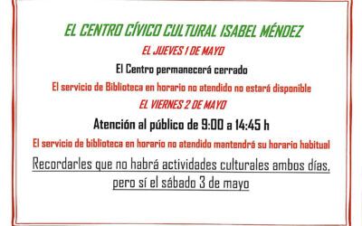 Horarios del Centro Cultural Isabel Méndez en mayo
