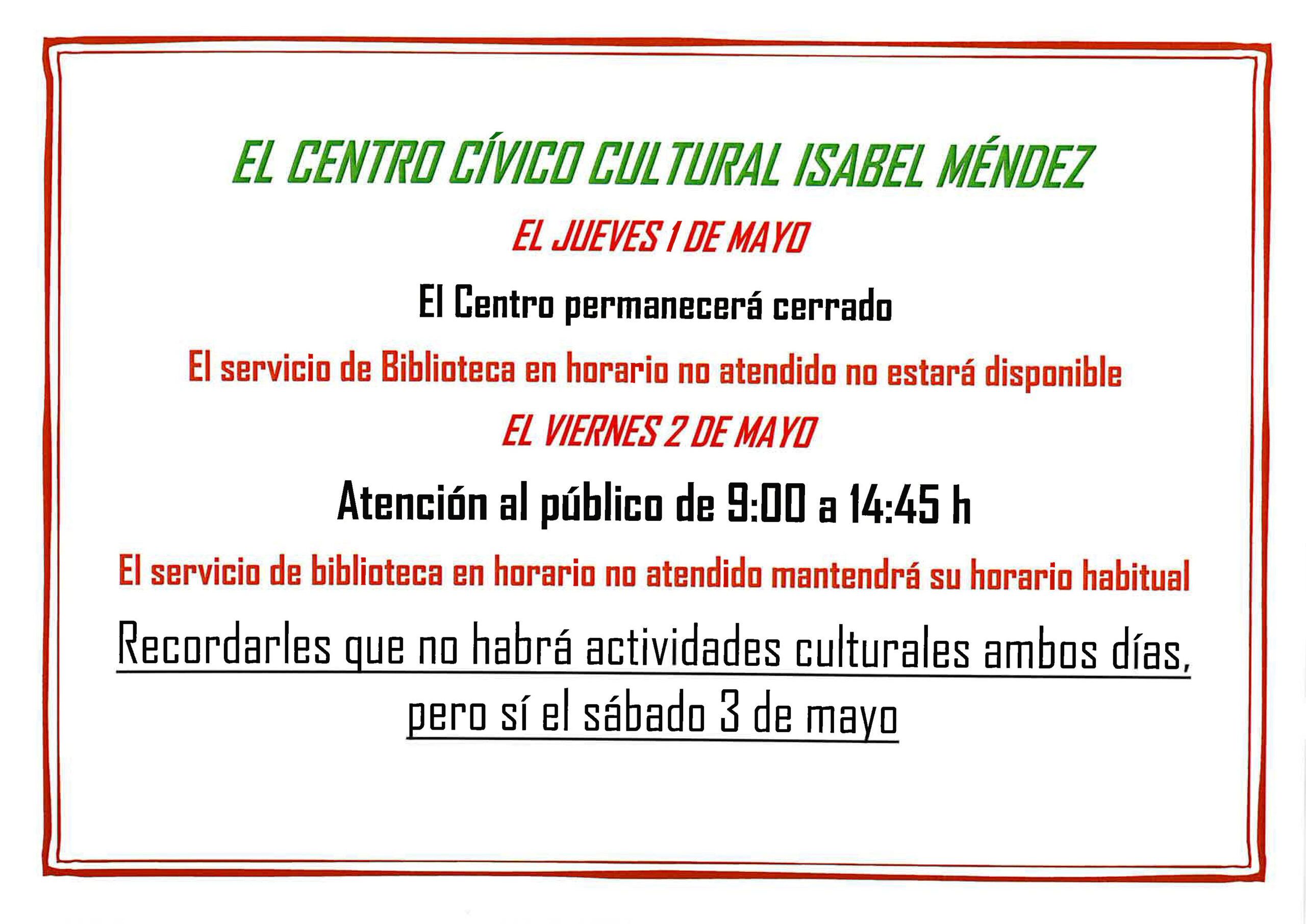 Horarios del Centro Cultural Isabel Méndez en mayo